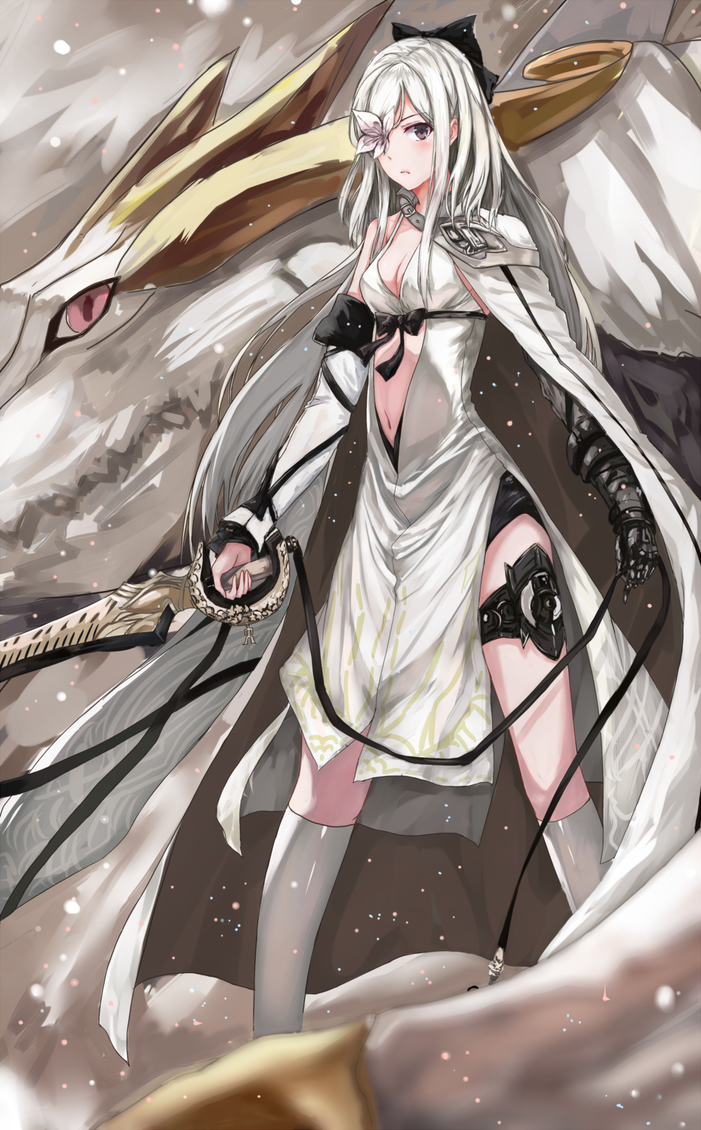 1girl, a5125924, bare_shoulders, bow, breasts, cleavage, drag-on_dragoon_3, dragon