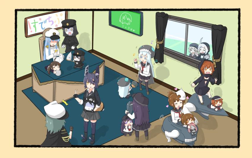 akatsuki_(kantai_collection), akitsu_maru_(kantai_collection), battleship-symbiotic_hime, bug_net, chibi, closed_eyes, doll, eyepatch
