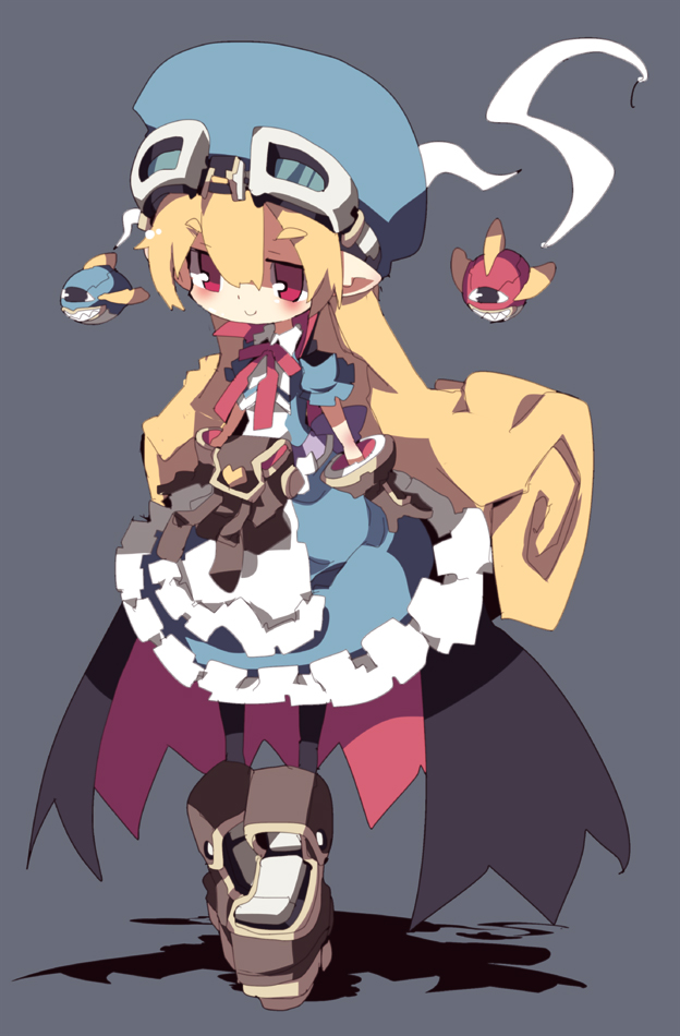 1girl, apron, bag, black_legwear, blonde_hair, blue_dress, curly_hair, dango_mushi, dress, frills, goggles, goggles_on_head, grey_background, hat, long_hair, marivel_armitage, pantyhose, pointy_ears, red_eyes, robot, shoes, smile, solo, standing, wild_arms, wild_arms_2