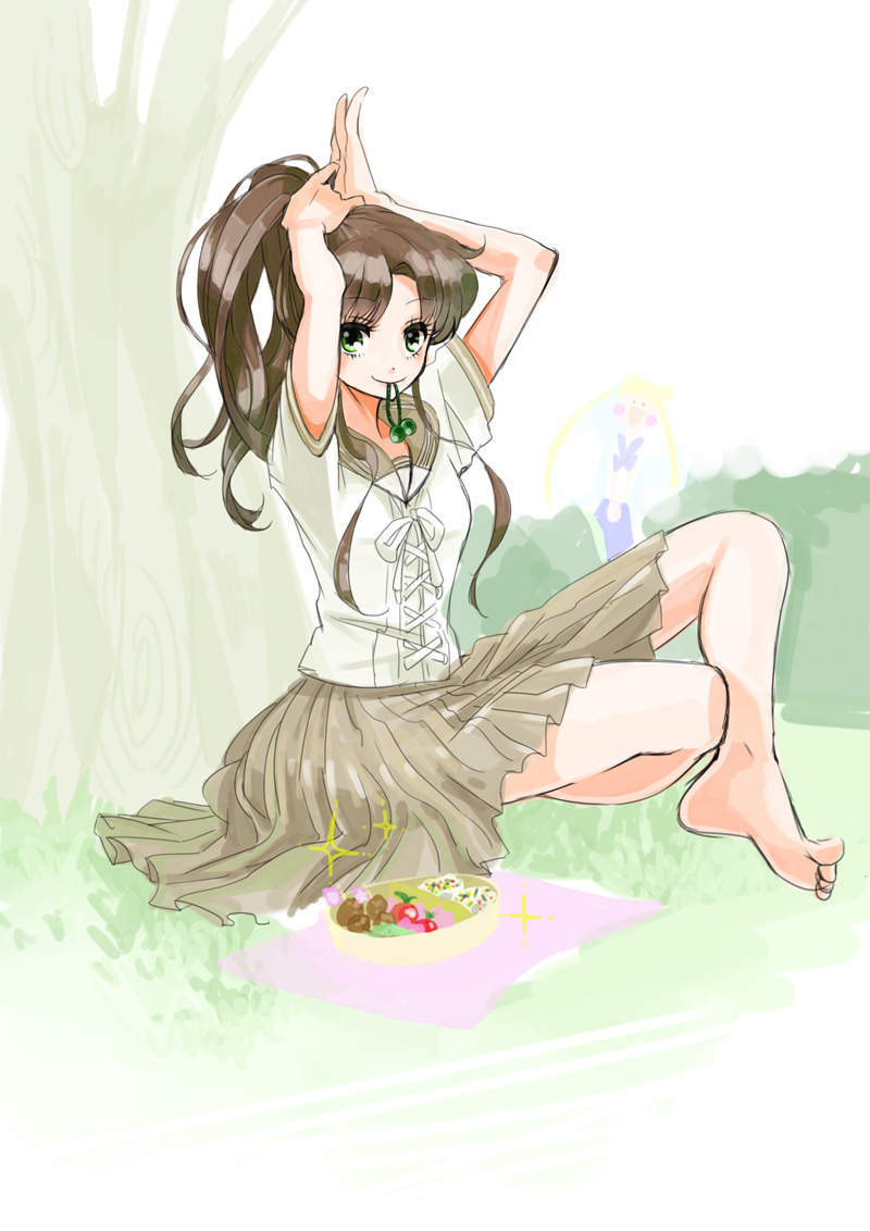 1girl, 2girls, bare_legs, barefoot, bishoujo_senshi_sailor_moon, brown_hair, green_eyes, hair_bobbles, hair_grab, hair_ornament, hairdressing, kino_makoto, long_hair, long_skirt, mouth_hold, multiple_girls, obentou, pleated_skirt, ponytail, raion., sailor_collar, school_uniform, short_sleeves, sitting, skirt, smile, sparkle, tree, tsukino_usagi, under_tree