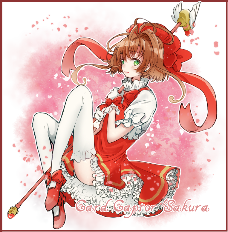 1girl, akamega, blush, bow, brown_hair, cardcaptor_sakura, dress, frilled_dress