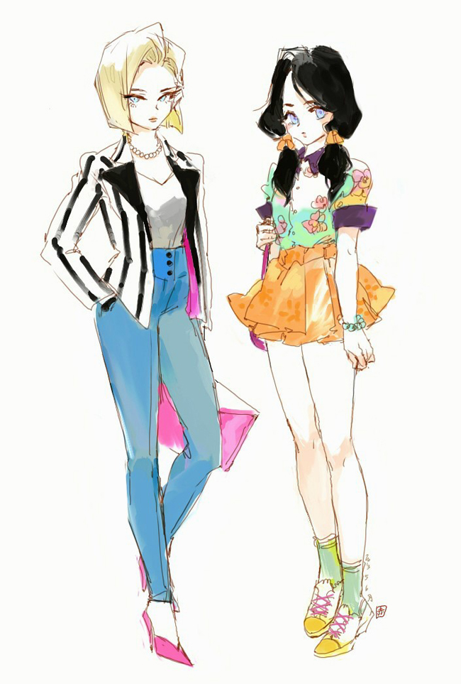 2girls, alternate_costume, android_18, black_hair, blazer, blue_pants, bob_cut, casual