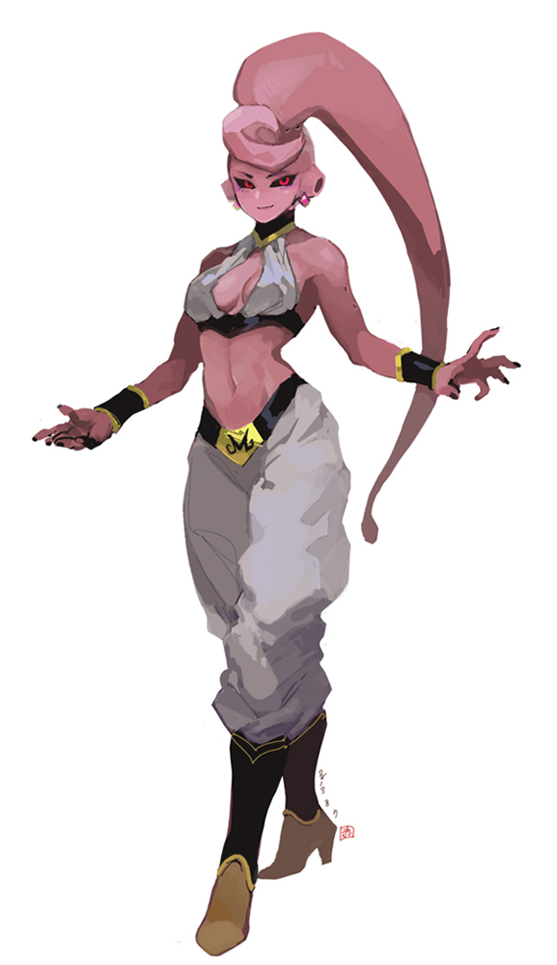 1girl, alien, baggy_pants, belt, black_sclera, boots, chokydaum, cleavage_cutout