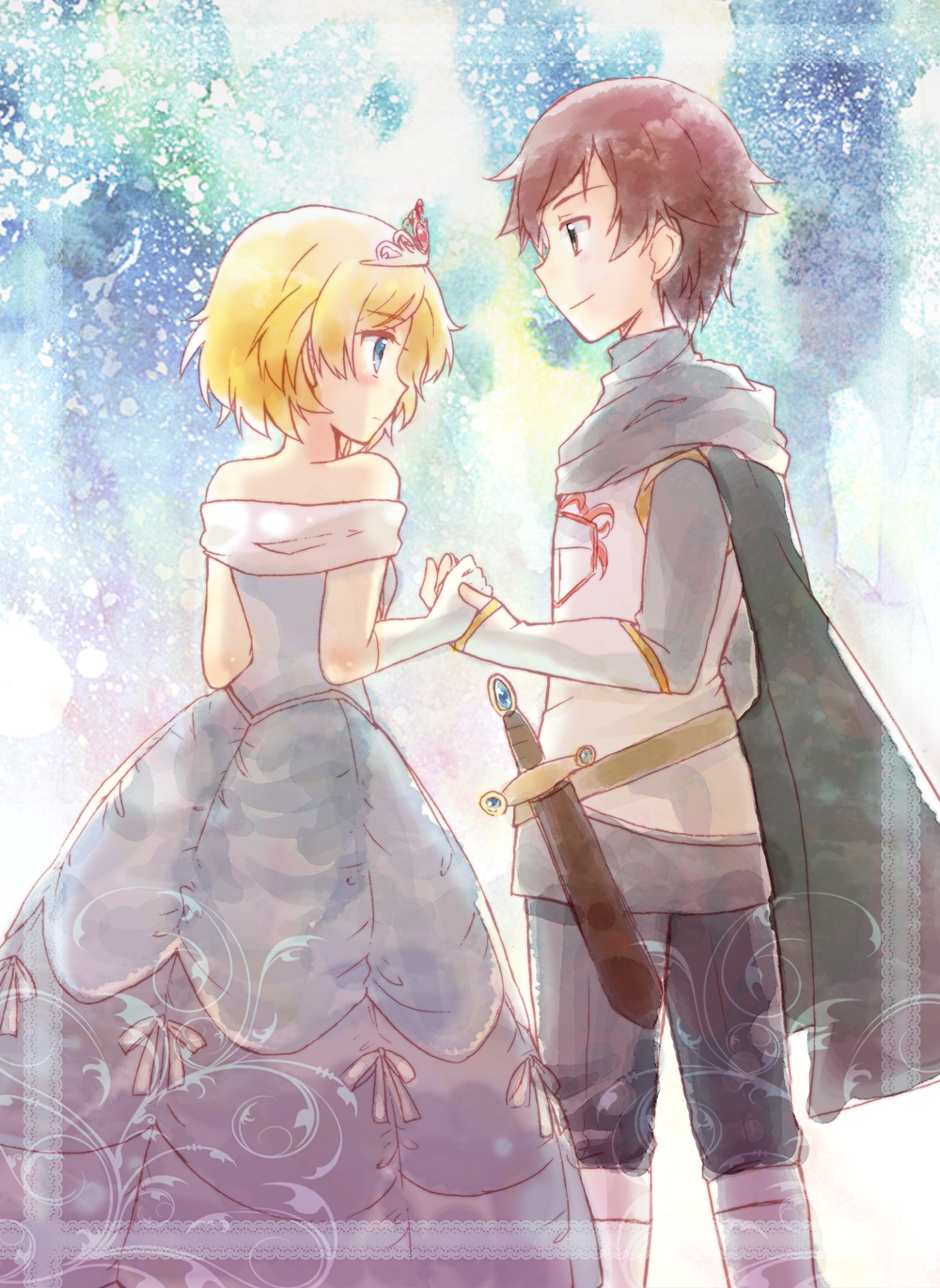 1boy, 1girl, bare_shoulders, blonde_hair, blue_eyes, brown_hair, cape, dress, elbow_gloves, gloves, highres, kousetsu, pretty_rhythm, pretty_rhythm_aurora_dream, short_hair, sword, takamine_mion, tiara, wataru_(pretty_rhythm), weapon