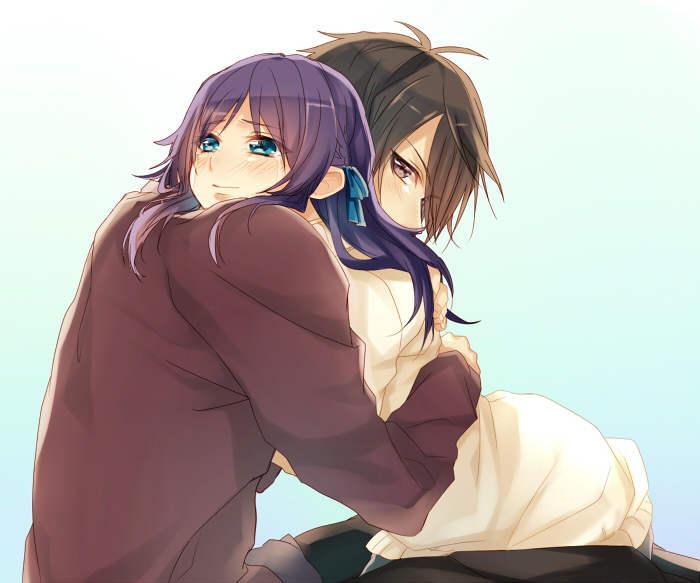1boy, 1girl, black_hair, blue_eyes, blue_hair, brown_eyes, couple, hiradaira_chisaki