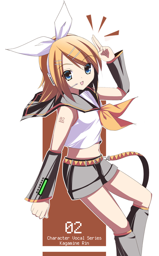 blonde_hair, blue_eyes, hair_ornament, hair_ribbon, hairclip, kaga_taichi, kagamine_rin, midriff