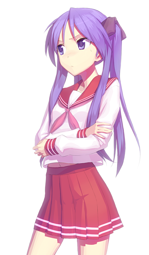 blush, crossed_arms, fondolger, frown, hair_ribbon, hands, hiiragi_kagami, long_hair