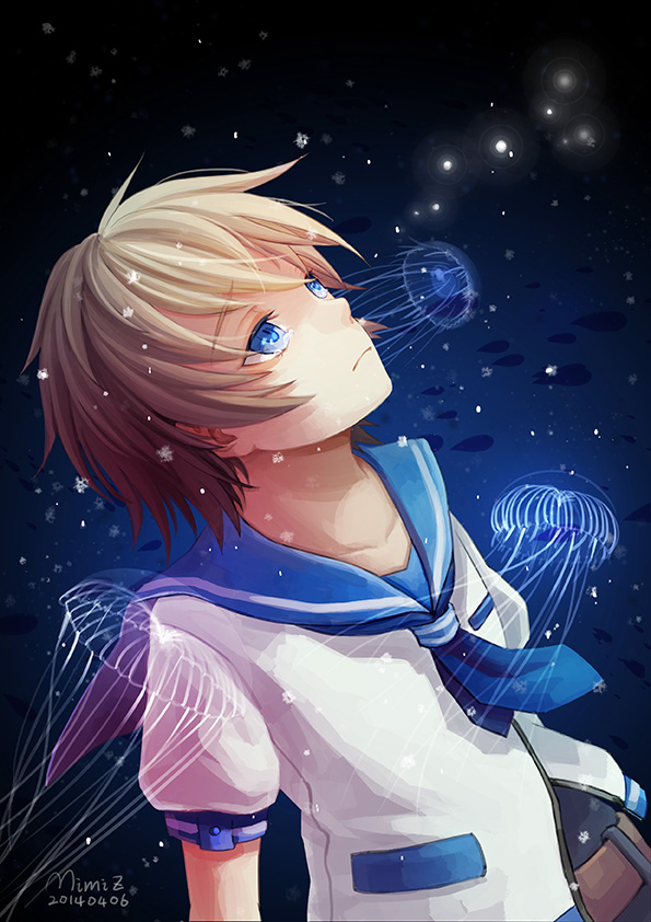 1boy, blonde_hair, blue_eyes, isaki_kaname, jellyfish, mimiz, nagi_no_asukara, sailor_collar