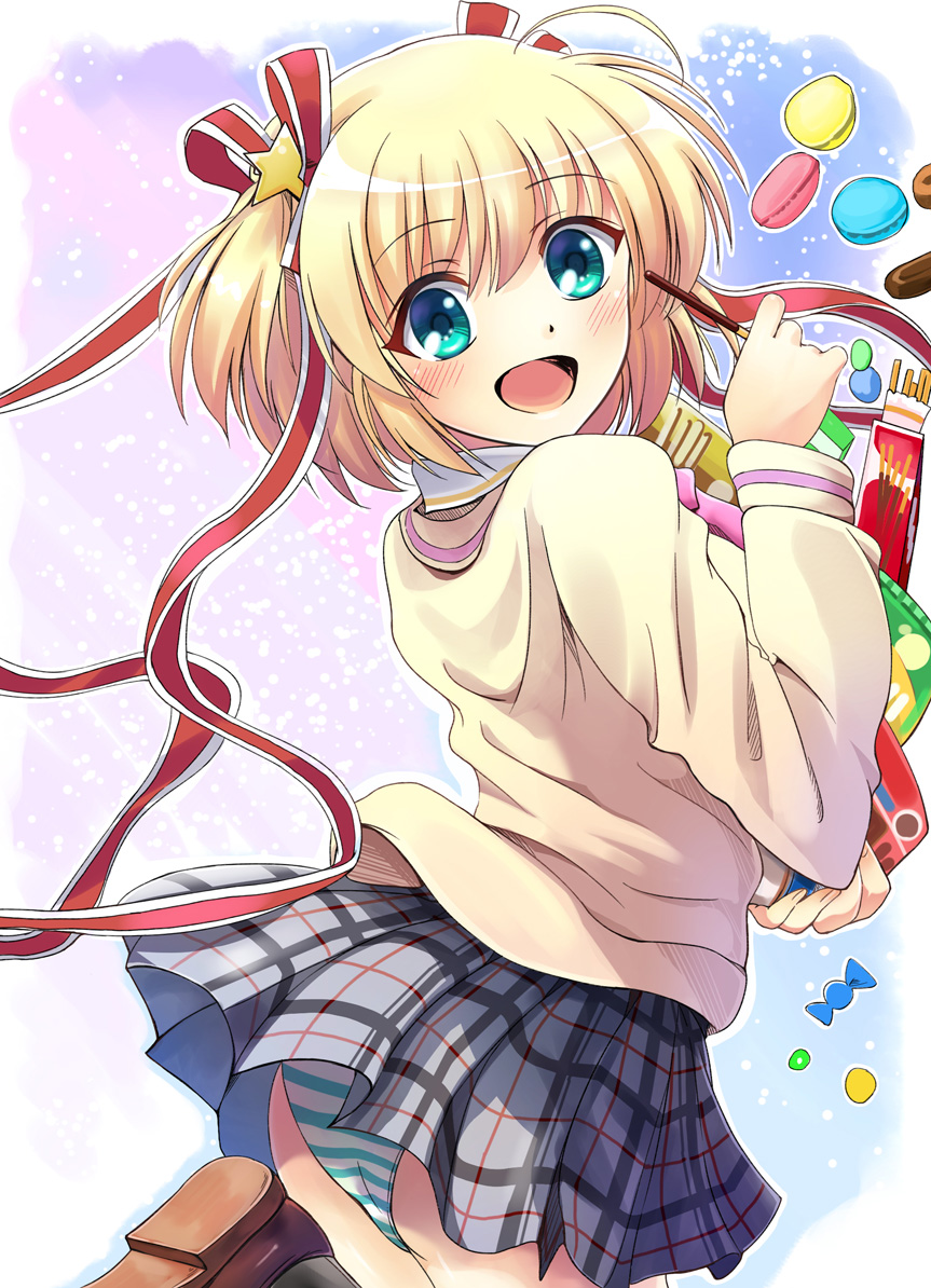 1girl, blonde_hair, candy, cookie, food, green_eyes, hair_ribbon, kamikita_komari