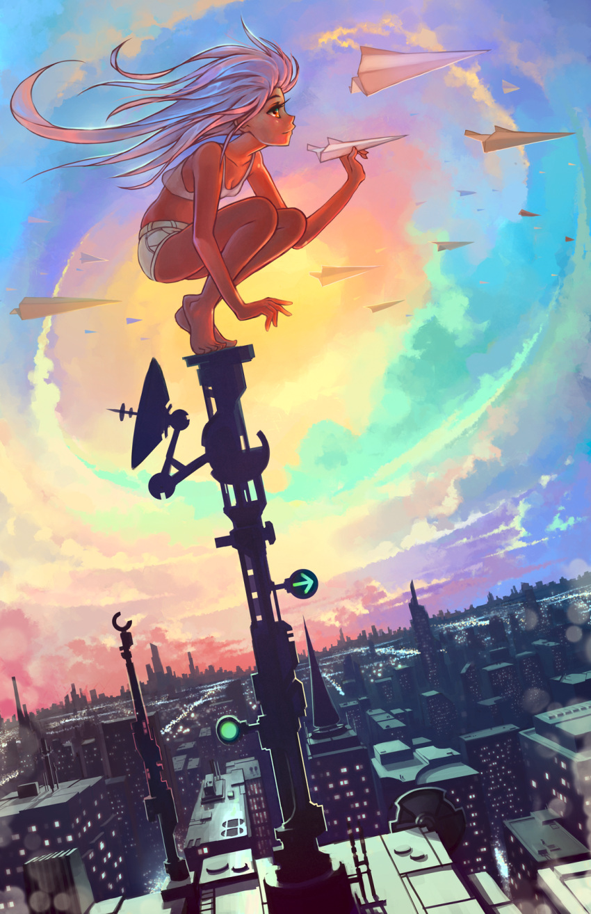 1girl, cityscape, crop_top, dutch_angle, highres, long_hair, on_pole, original