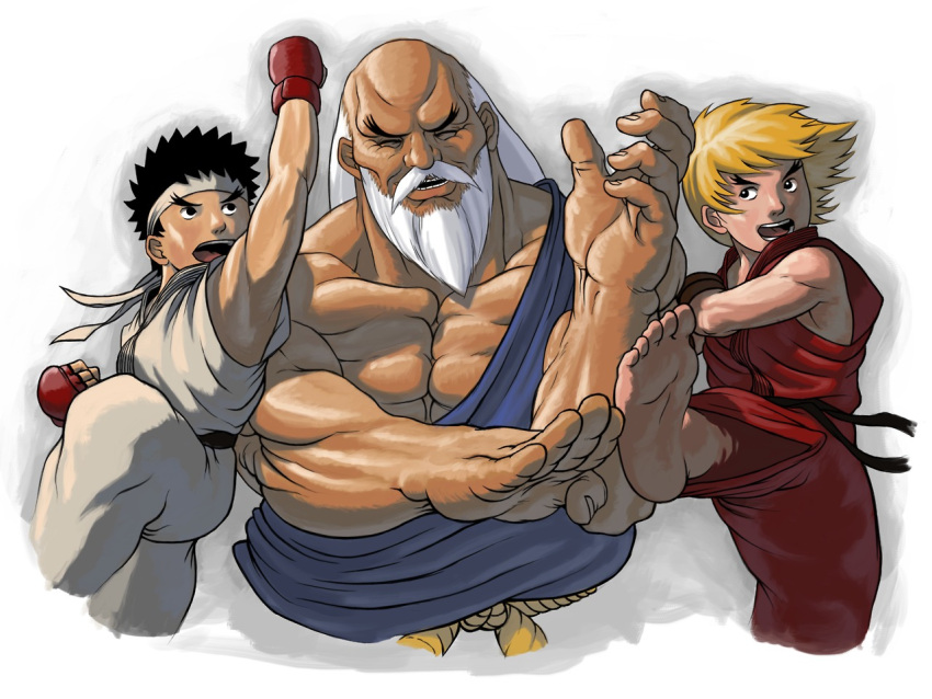 3boys, andrew_parish_johnston, bald, barefoot, beard, black_hair, blocking, blonde_hair