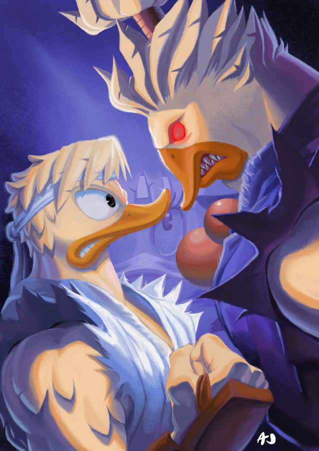 andrew_parish_johnston, beak, commentary, cosplay, dougi, duck_tales, eye_contact, furry