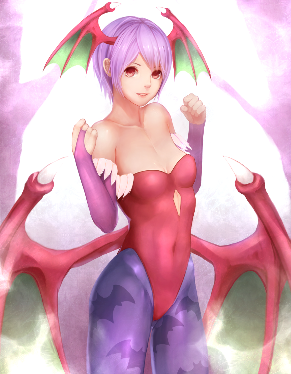 1girl, bat_print, bat_wings, bridal_gauntlets, demon_girl, flat_chest, head_wings, leotard, lilith_aensland, pantyhose, print_legwear, purple_hair, red_eyes, short_hair, stnading, succubus, vampire_(game), wings, yazuwo