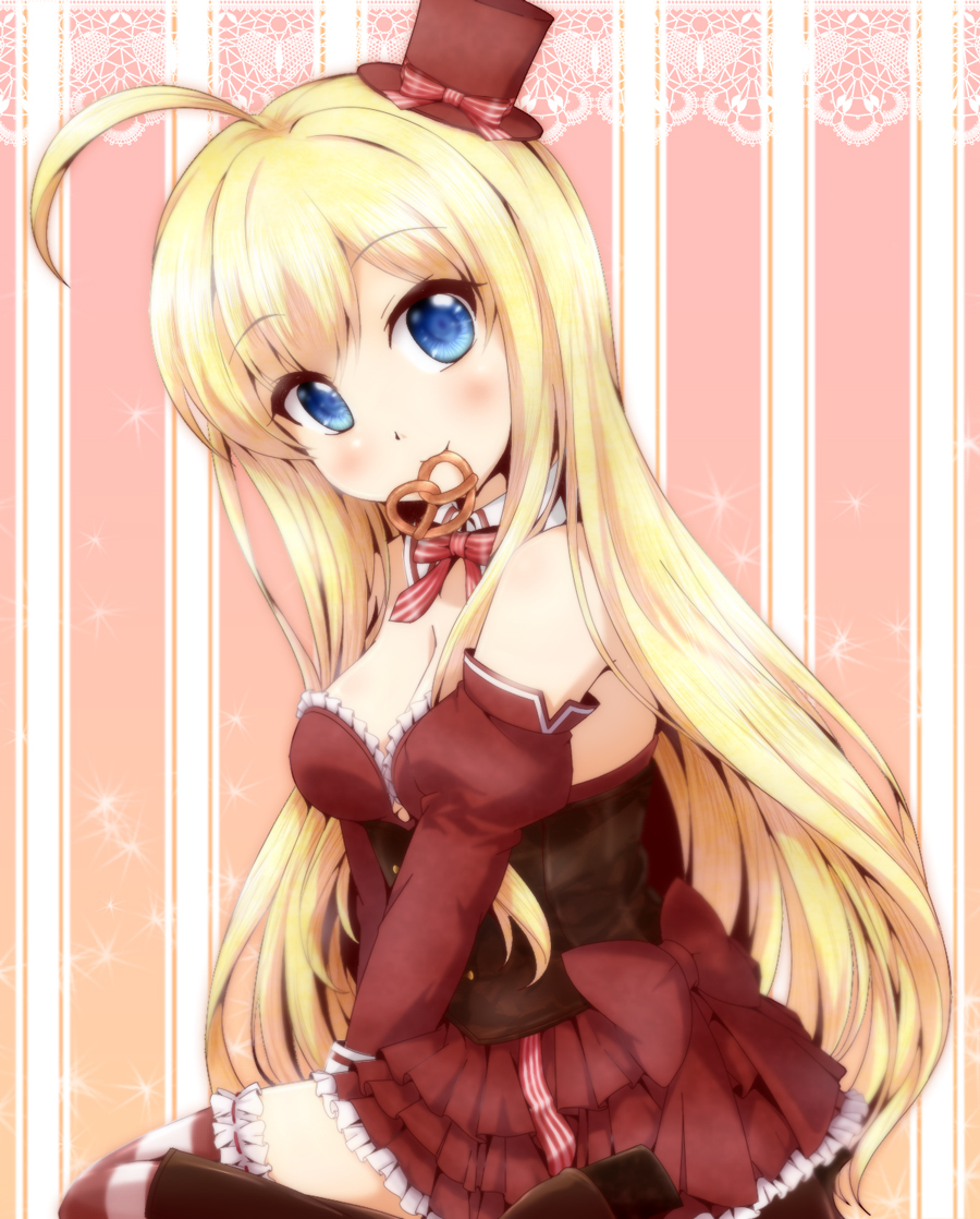 1girl, ahoge, bare_shoulders, blonde_hair, blue_eyes, blush, breasts, chocolat_(noucome)