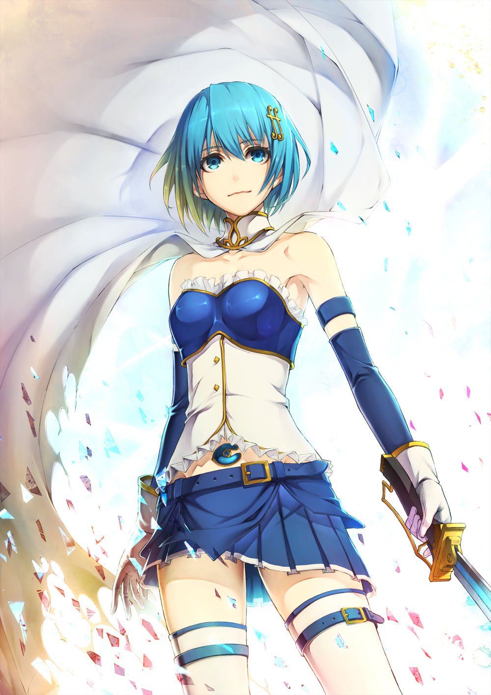 1girl, armband, bare_shoulders, belt, blue_eyes, blue_hair, cape, churayuki