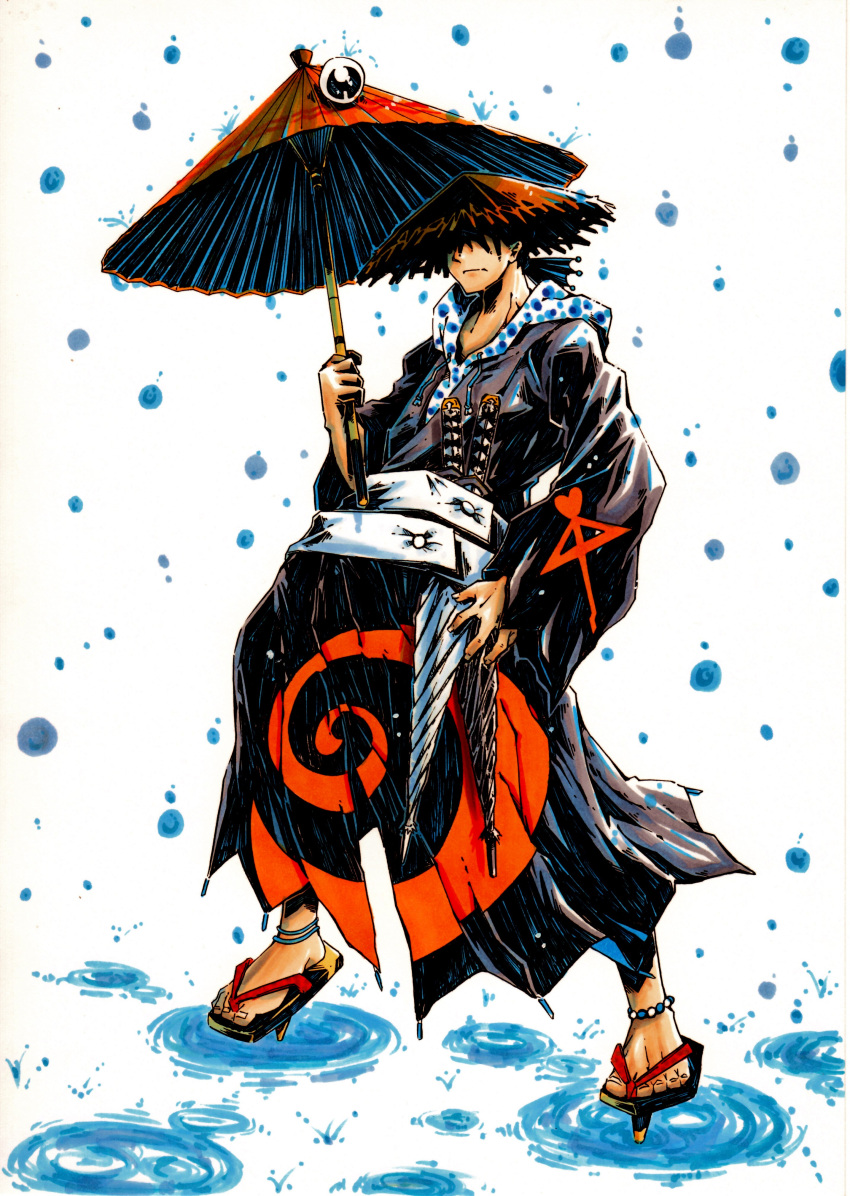 1boy, absurdres, ai_ai_gasa, belt, covered_eyes, geta, hand_on_hip, hat, highres, nehitsuji_(syatihokoga), oriental_umbrella, original, rain, solo, spiral, straw_hat, sword_hilt, tengu-geta, umbrella