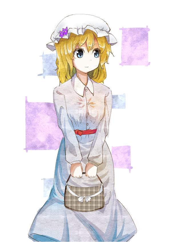 1girl, akeno_(akenosora), bag, belt, blonde_hair, blue_eyes, checkered, checkered_background