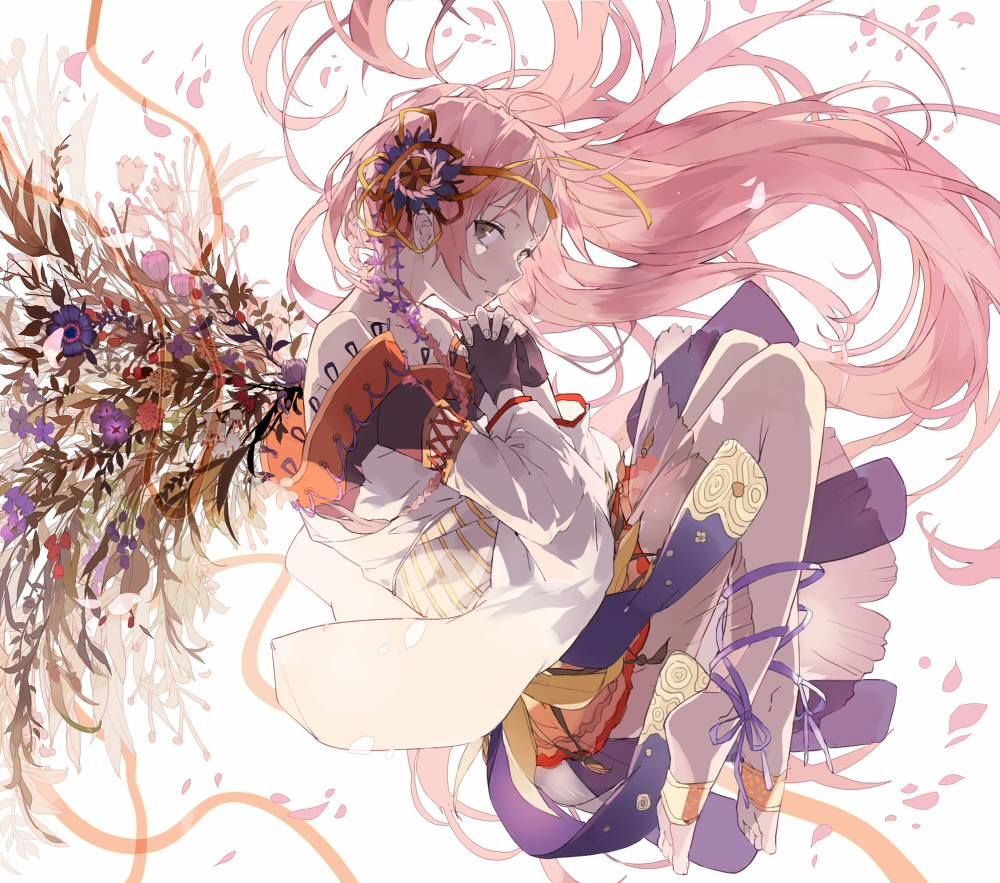 1girl, barefoot, flower, flower_wings, grey_eyes, hair_ornament, long_hair, nine_(liuyuhao1992)