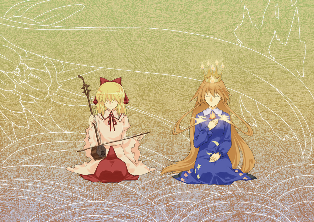 blonde_hair, bow, brown_hair, character_request, crescent_moon, crown, dress, erhu
