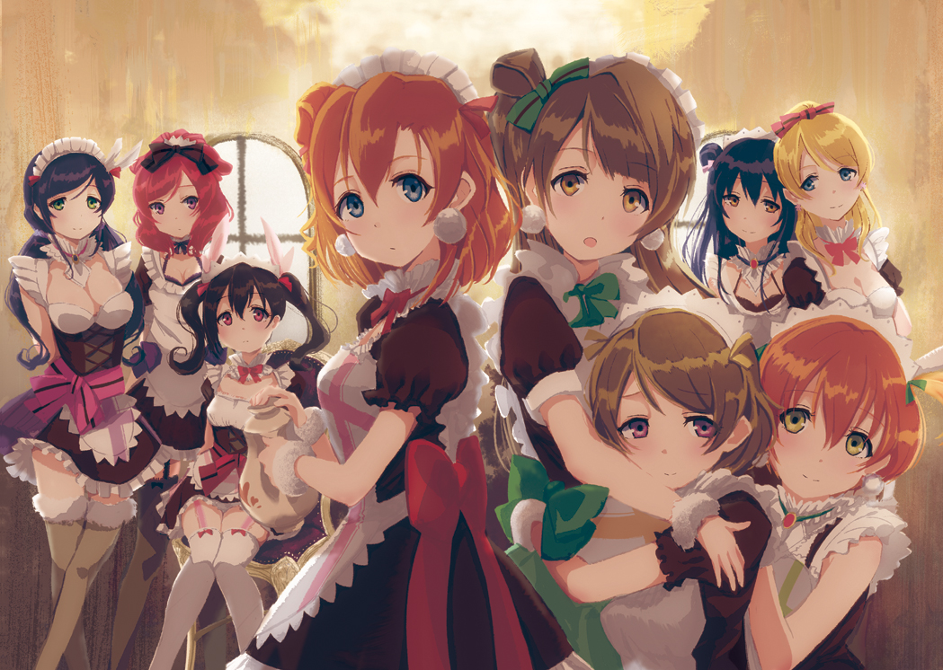 6+girls, blonde_hair, blue_eyes, brown_eyes, brown_hair, ivioss, maid, multiple_girls