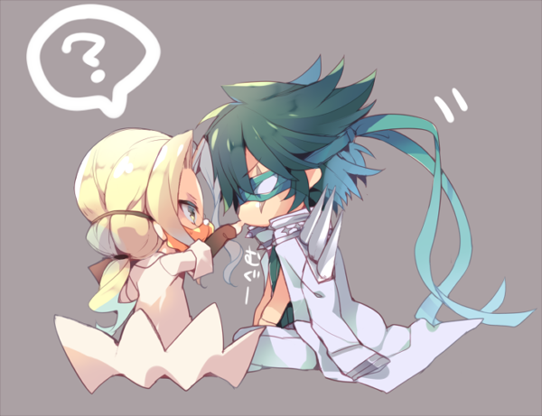 2boys, blindfold, blonde_hair, chibi, chinako_(pixiv), green_hair, iori_shirou, kill_la_kill