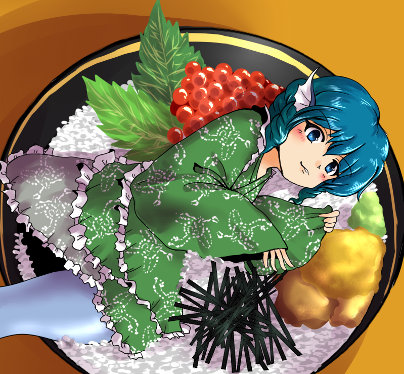 blue_eyes, blue_hair, food, frilled_kimono, head_fins, mermaid, monster_girl, rice