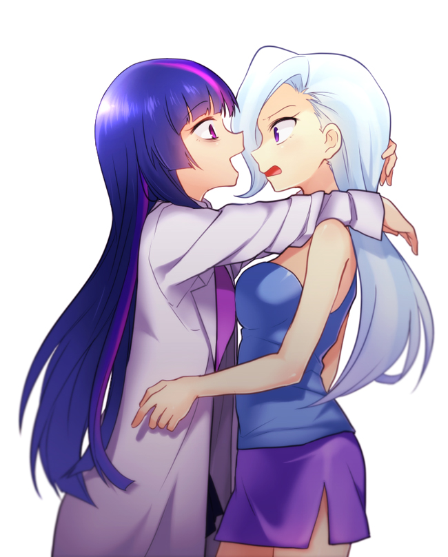 2girls, blue_hair, hug, labcoat, lavender_hair, long_hair, megarexetera, multicolored_hair