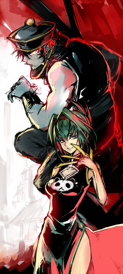 1boy, 1girl, black_hair, blue_eyes, breasts, china_dress, chinese_clothes, cleavage_cutout