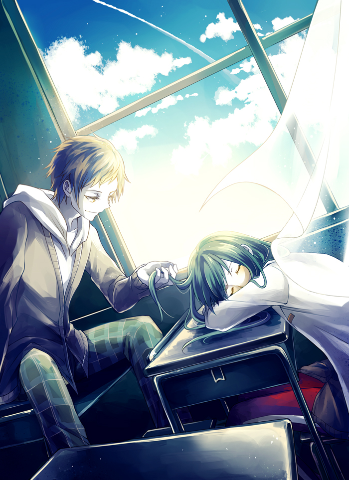 1boy, 1girl, alternate_costume, blonde_hair, classroom, closed_eyes, clouds, desk