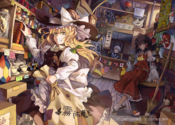 1boy, 2girls, american_flag, apron, ascot, bag, blonde_hair, book