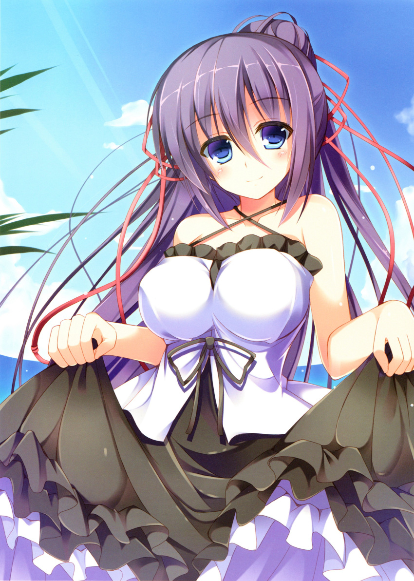 1girl, absurdres, blue_eyes, blue_sky, breasts, criss-cross_halter, dress, dress_lift