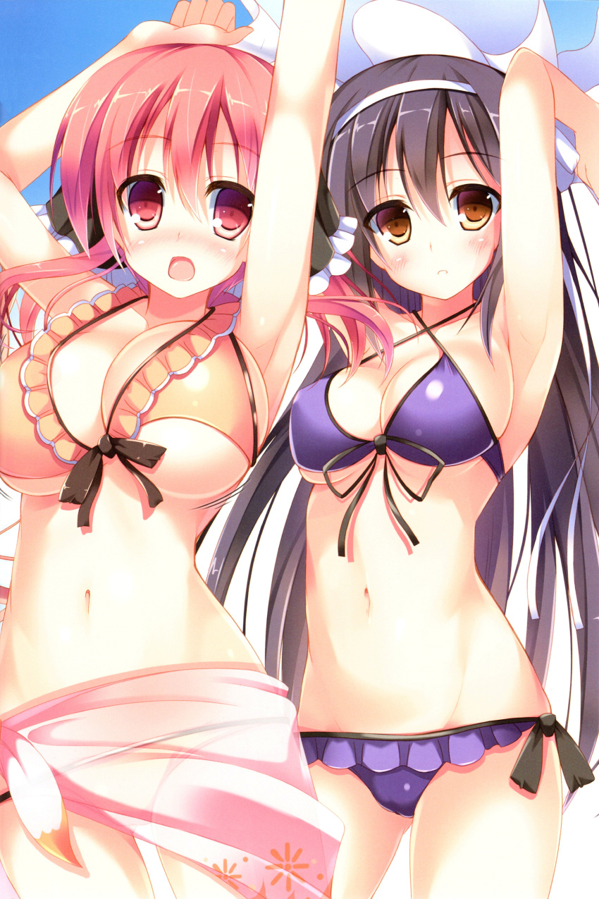 2girls, :o, absurdres, armpits, arms_up, bikini, blush, breasts