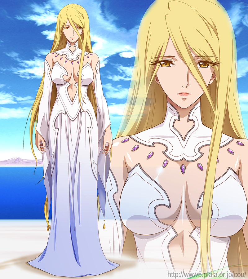 1girl, blonde_hair, blue_sky, brown_eyes, clouds, dress, long_hair, mountain