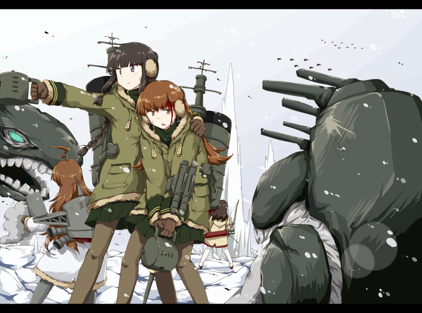 4girls, airplane, akagi_(kantai_collection), any_(lucky_denver_mint), arm_around_shoulder, black_hair, blood, blood_on_face
