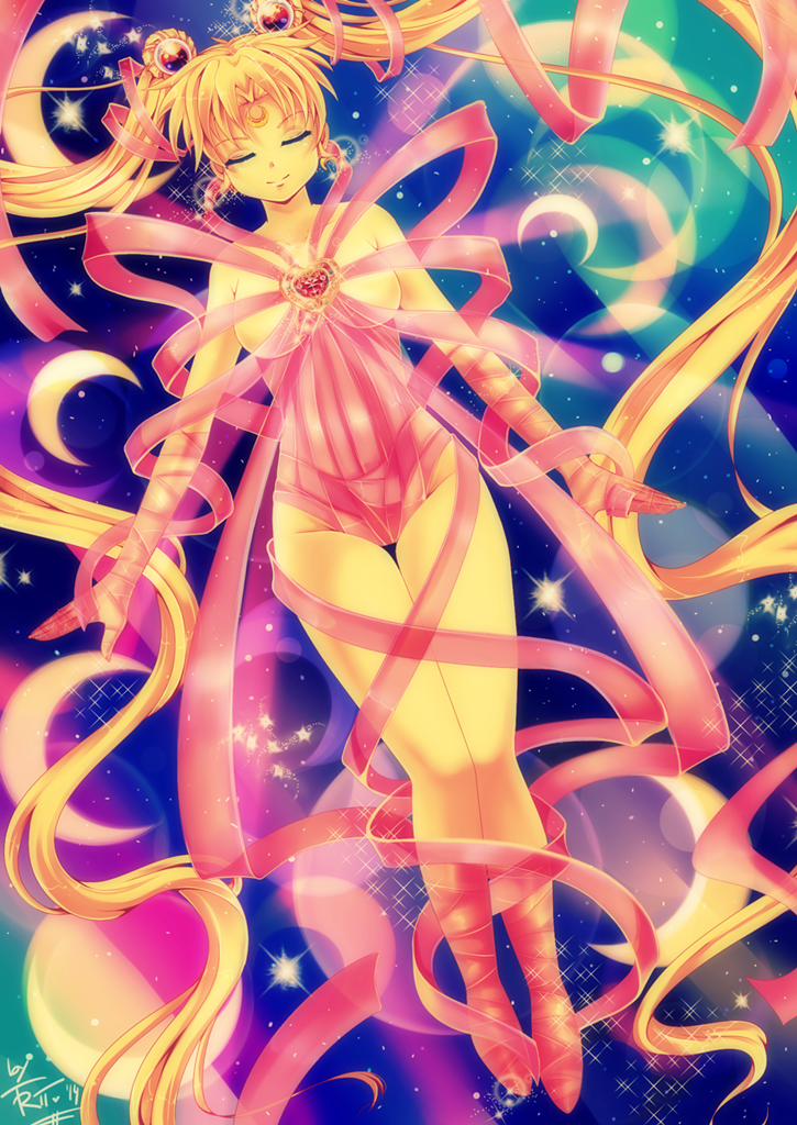 1girl, bishoujo_senshi_sailor_moon, blonde_hair, blue_background, closed_eyes, crescent, double_bun, facial_mark, forehead_mark, hair_ornament, hairpin, henshin, long_hair, naked_ribbon, ribbon, sailor_moon, shinaishadow, smile, solo, sparkle, thigh_gap, tsukino_usagi, twintails