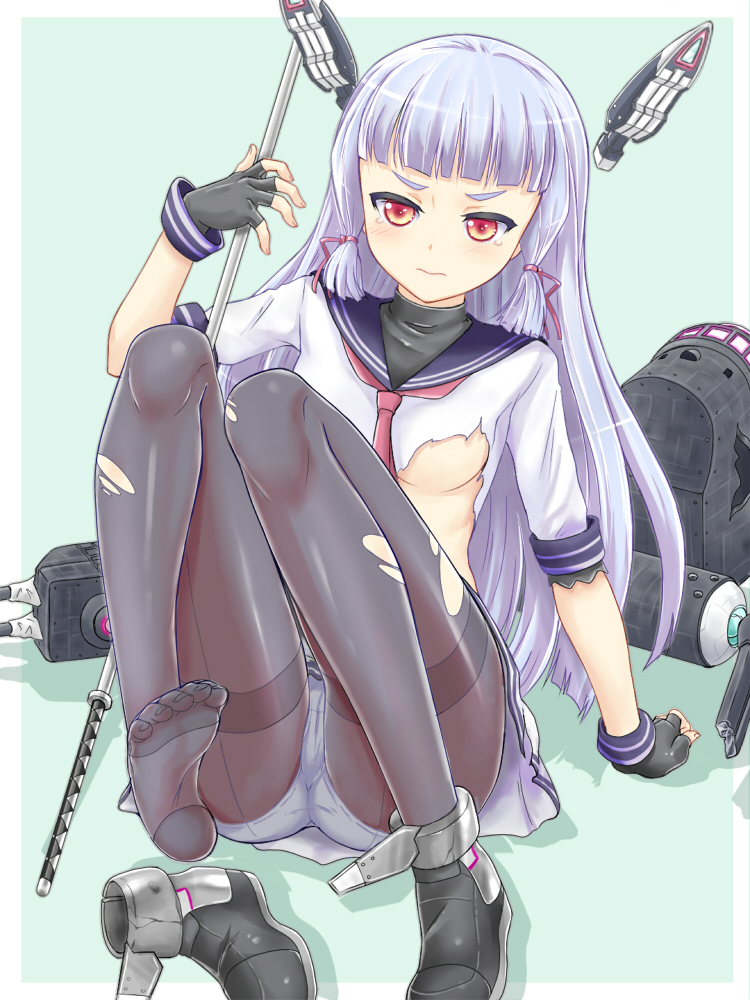 1girl, black_legwear, blush, fingerless_gloves, gloves, hair_ribbon, kantai_collection, long_hair