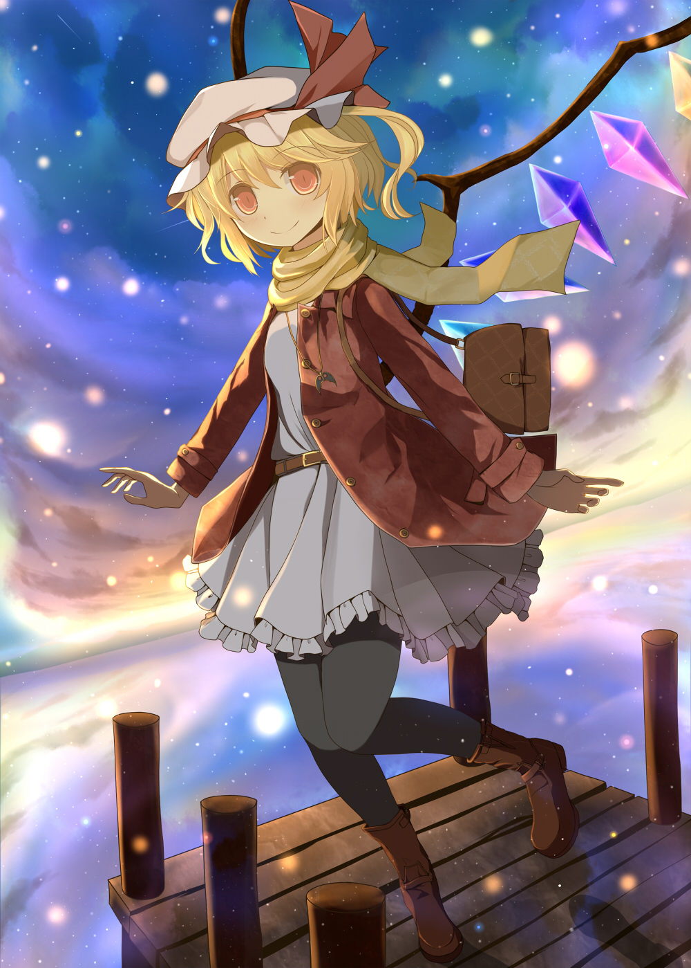 1girl, alternate_costume, bag, belt, black_legwear, blonde_hair, boots, bunchou_(bunchou3103)