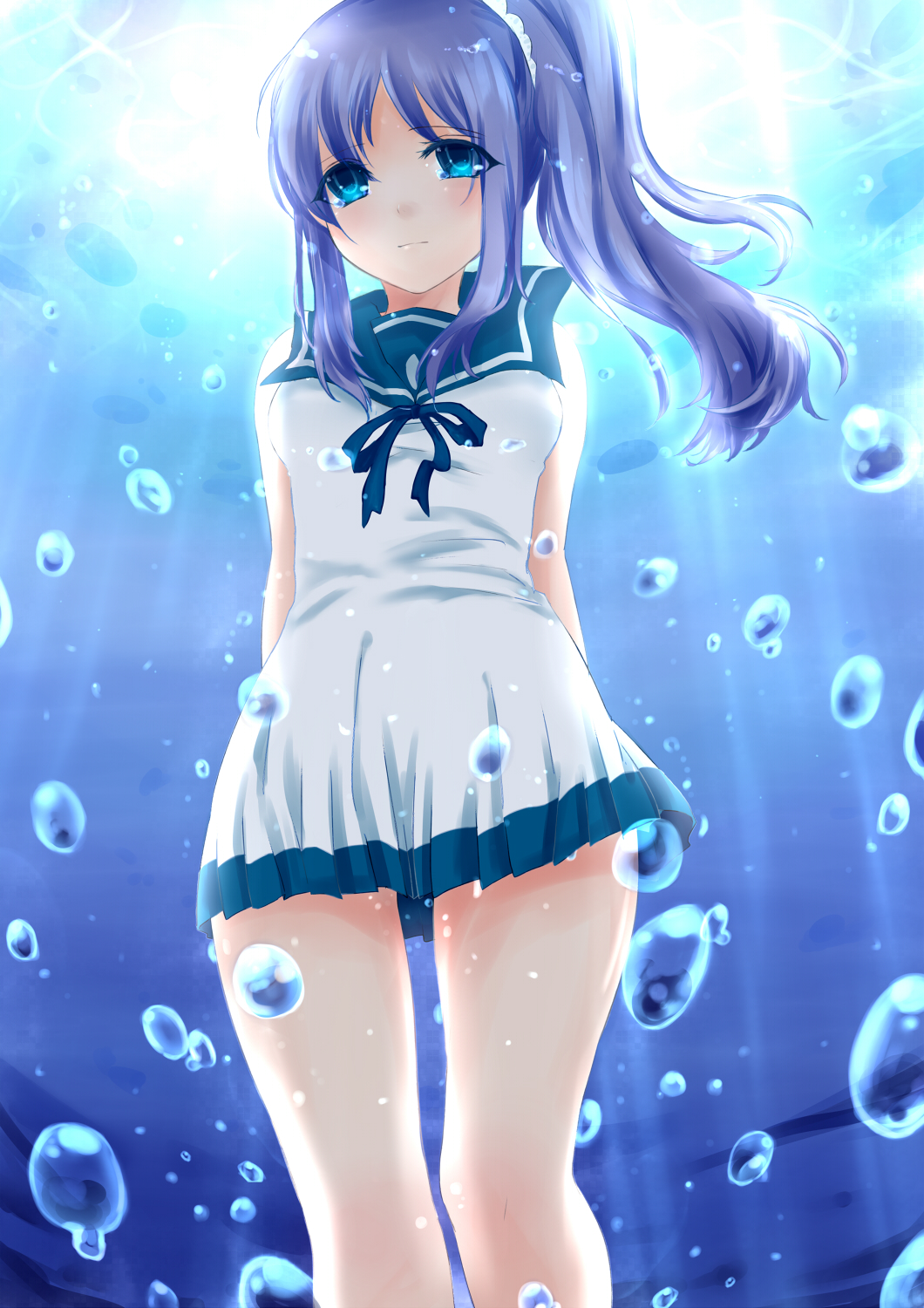 1girl, air_bubble, aoba_yukichi, blue_eyes, blue_hair, highres, hiradaira_chisaki, long_hair