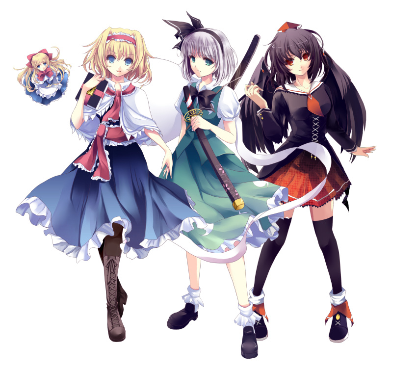 4girls, absurdres, alice_margatroid, alternate_costume, black_hair, black_legwear, black_wings, blonde_hair, blue_eyes, bobby_socks, book, boots, bow, capelet, cross-laced_footwear, doll, dress, dress_shirt, full_body, ghost, green_eyes, grimoire, hair_ribbon, hairband, hat, highres, hitodama, katana, katsuko_(tohyarei), knee_boots, konpaku_youmu, konpaku_youmu_(ghost), long_sleeves, mary_janes, multiple_girls, parted_lips, pen, red_eyes, ribbon, school_uniform, serafuku, shameimaru_aya, shanghai_doll, shirt, shoes, short_hair, short_puffy_sleeves, short_sleeves, silver_hair, simple_background, skirt, socks, standing, sword, thigh-highs, tokin_hat, touhou, vest, weapon, white_background, wings