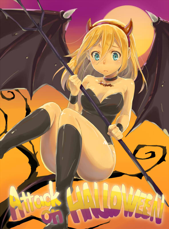 1girl, bare_shoulders, bat_wings, black_legwear, blonde_hair, blue_eyes, blush, breasts