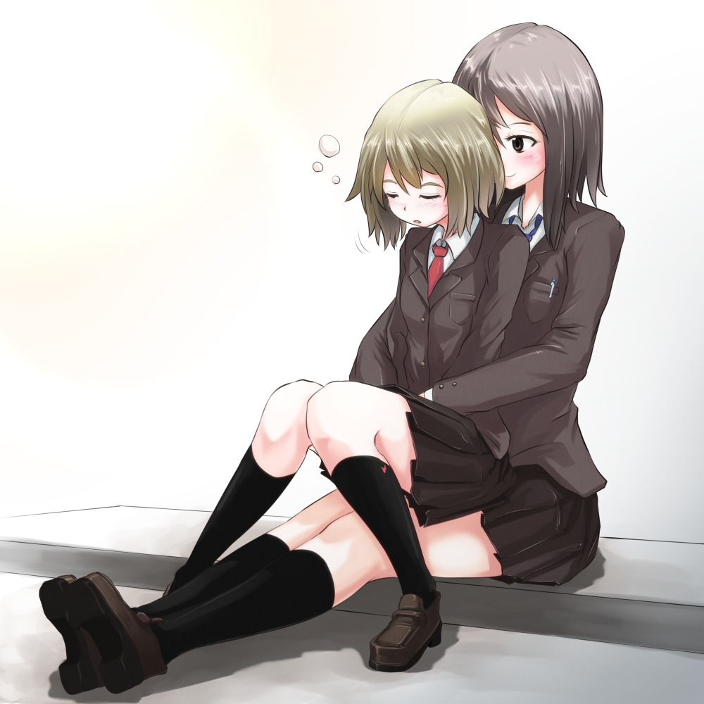 2girls, between_legs, black_eyes, black_hair, black_legwear, black_skirt, brown_hair, bubble, buttons, hand_between_legs, kneehighs, knees_together_feet_apart, loafers, mojake, multiple_girls, necktie, original, pencil, school_uniform, shoes, short_hair, sitting, sitting_on_lap, sitting_on_person, skirt, sleep_molestation, sleeping, yuri