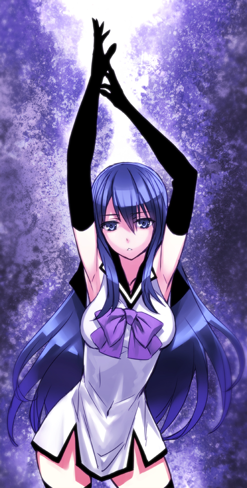 1girl, arms_up, black_gloves, black_legwear, blue_eyes, blue_hair, breasts, elbow_gloves