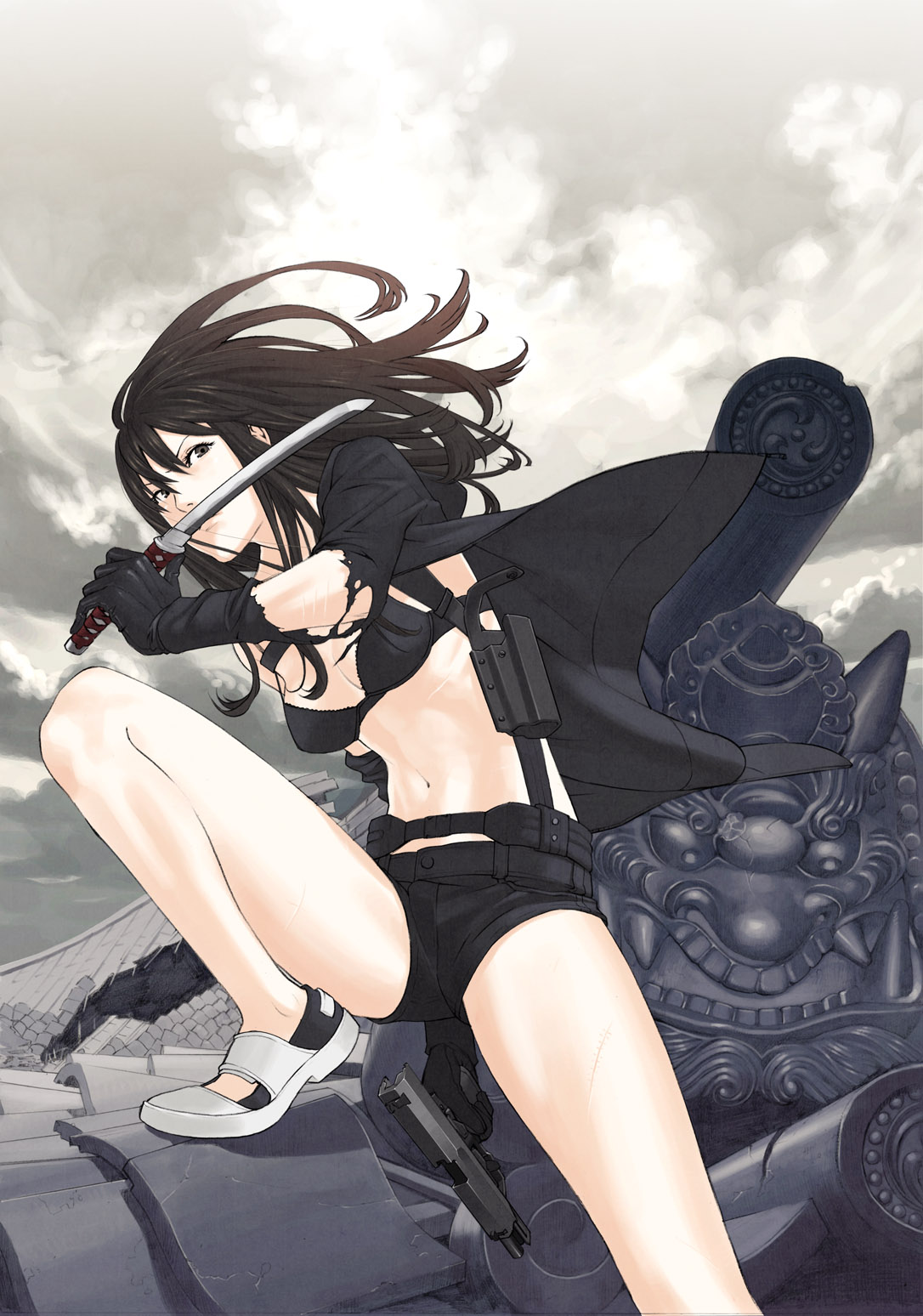 black_eyes, black_hair, bra, gloves, gun, handgun, highres, holster, jacket, karasuma_kyouko, karasuma_kyouko_no_jikenbo, knife, kozaki_yuusuke, lingerie, locked_slide, open_clothes, open_shirt, pistol, scar, shirt, shorts, sky, torn_clothes, underwear, weapon