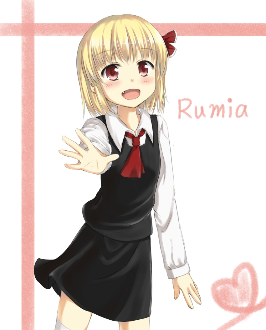 1girl, :d, blonde_hair, blouse, character_name, ears, fang, hair_ribbon