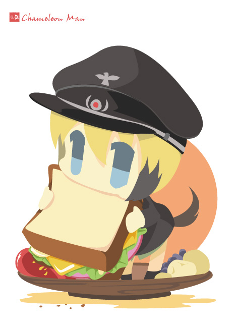 1girl, artist_name, blonde_hair, blue_eyes, chameleon_man_(three), chibi, eating, erica_hartmann