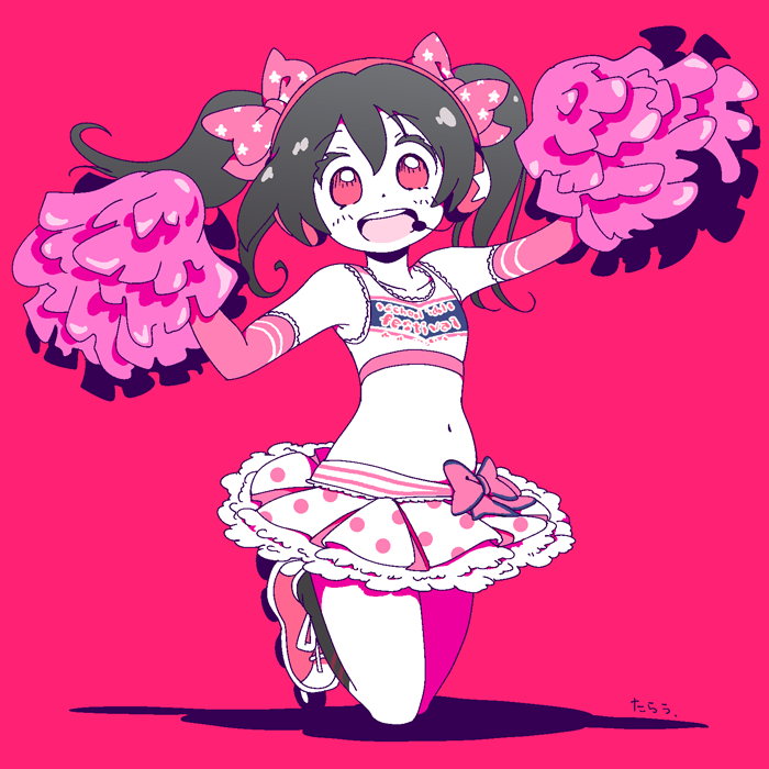 1girl, :d, black_hair, cheerleader, crop_top, elbow_gloves, gloves, headphones