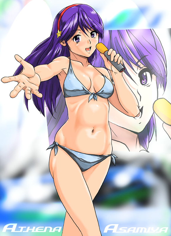 1girl, artist_request, asamiya_athena, bikini, blue_bikini, cleavage, king_of_fighters, kof