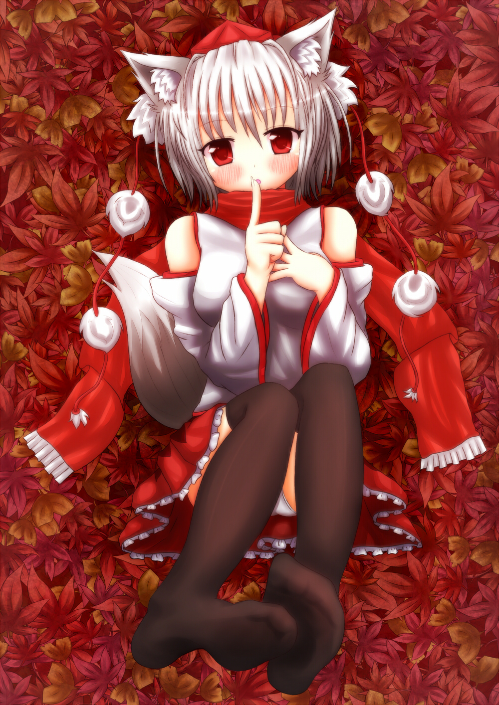 1girl, animal_ears, bare_shoulders, black_legwear, blush, breasts, detached_sleeves, finger_to_mouth
