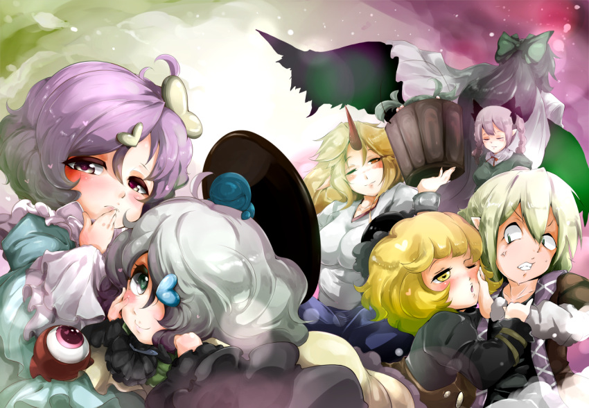 6+girls, blonde_hair, blush, bow, breasts, bucket, cape, closed_eyes
