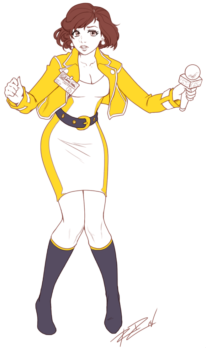 1girl, april_o'neil, belt, boots, breasts, brown_eyes, brown_hair, cleavage, cropped_jacket, dress, full_body, knee_boots, lips, microphone, name_tag, pigeon-toed, robert_porter, short_dress, short_hair, solo, standing, teenage_mutant_ninja_turtles, tiptoes